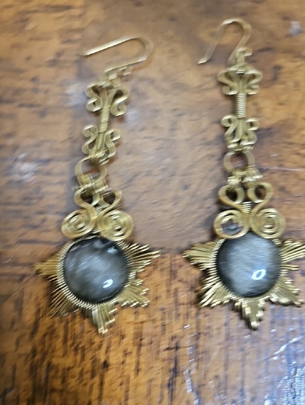 Gold-Tone Sunburst Dangle Earrings with Dark Gray Stone - Picture 5 of 7